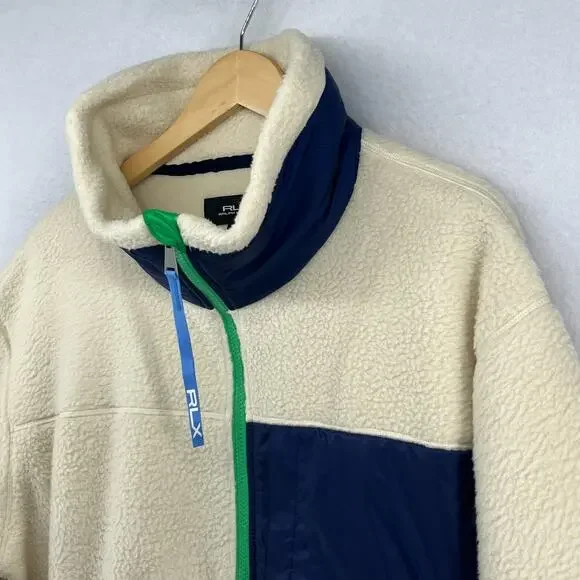 RALPH LAUREN Fleece Womens L RLX Ripstop Trim Full Zip Funnel Neck Off White